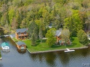 drone / aerial view featuring a water view