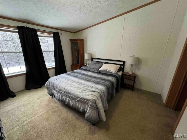 carpeted bedroom with crown molding and a textured ceiling