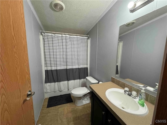 full bathroom featuring vanity, crown molding, a textured ceiling, and toilet