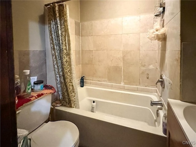 full bathroom with vanity, toilet, and shower / bathtub combination with curtain