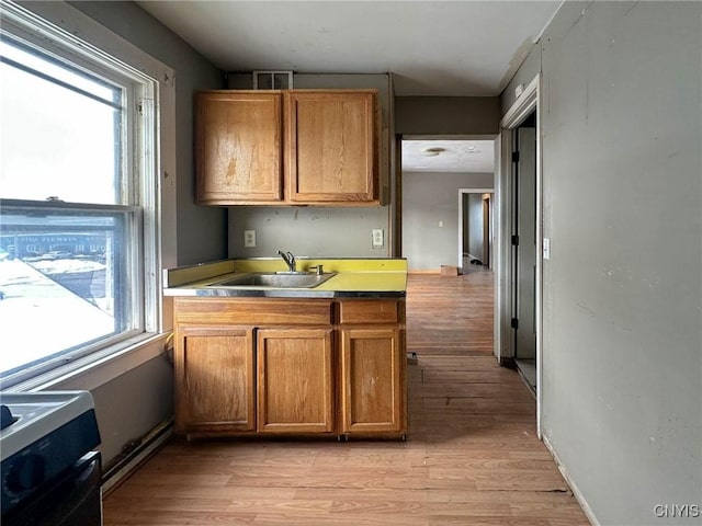 kitchen featuring brown cabinetry, visible vents, a sink, stove, and light wood-style floors