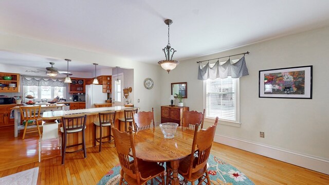 dining area featuring ceiling fan and light wood-type flooring