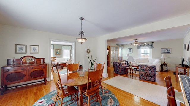 dining space featuring ceiling fan and light hardwood / wood-style flooring