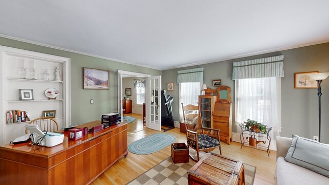 office space featuring crown molding and light hardwood / wood-style floors