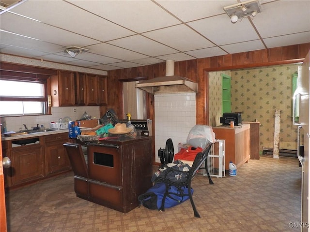 kitchen with sink, a paneled ceiling, stove, wall chimney exhaust hood, and wood walls