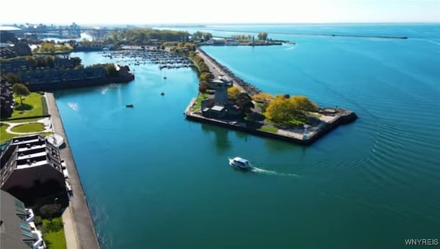 birds eye view of property with a water view