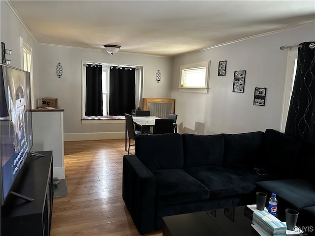 living area with ornamental molding, wood finished floors, and baseboards