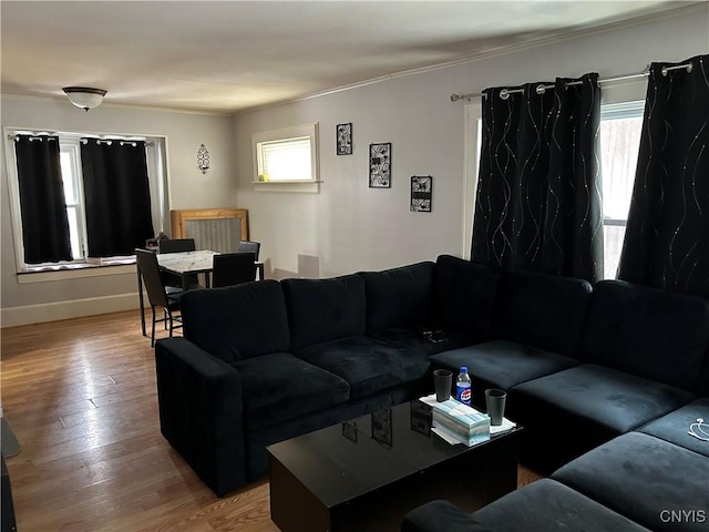 living area with plenty of natural light, baseboards, and wood finished floors