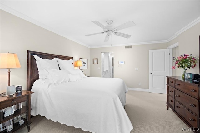 carpeted bedroom with crown molding and ceiling fan