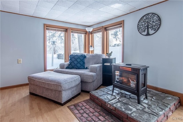 living area featuring crown molding, light wood-type flooring, and a wood stove