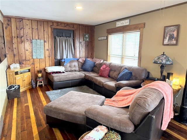 living room with ornamental molding and dark hardwood / wood-style flooring