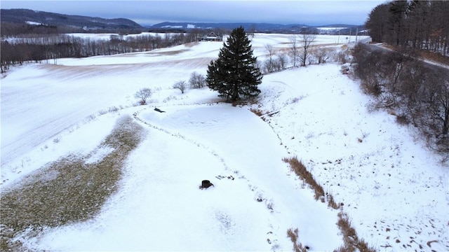 snowy aerial view featuring a mountain view