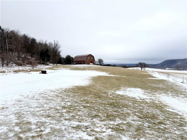 yard covered in snow featuring a mountain view