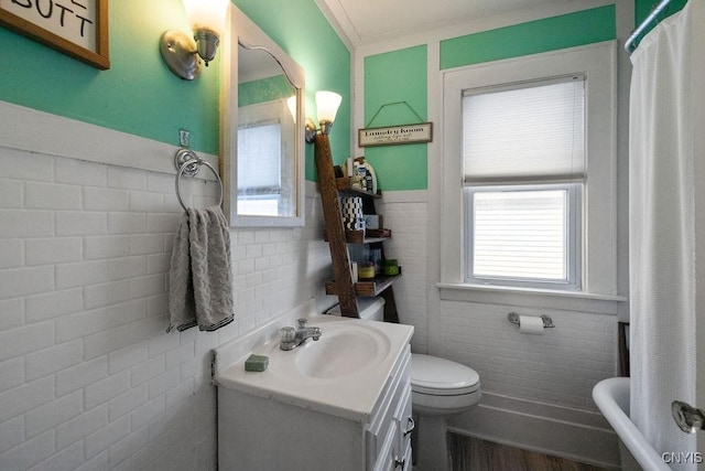 bathroom featuring vanity, a wealth of natural light, and tile walls