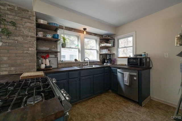 kitchen featuring stainless steel appliances, sink, and blue cabinets