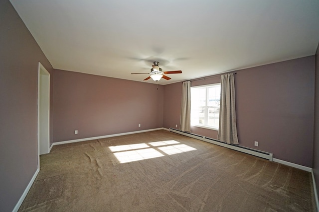 empty room featuring a baseboard heating unit, ceiling fan, and carpet flooring