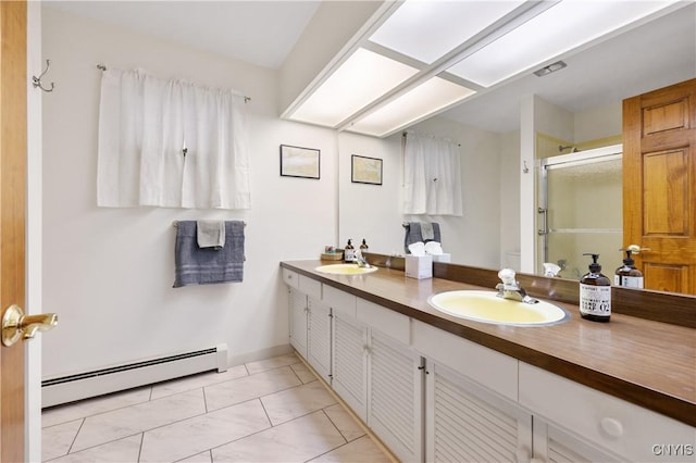 bathroom featuring a shower with door, a baseboard radiator, and vanity