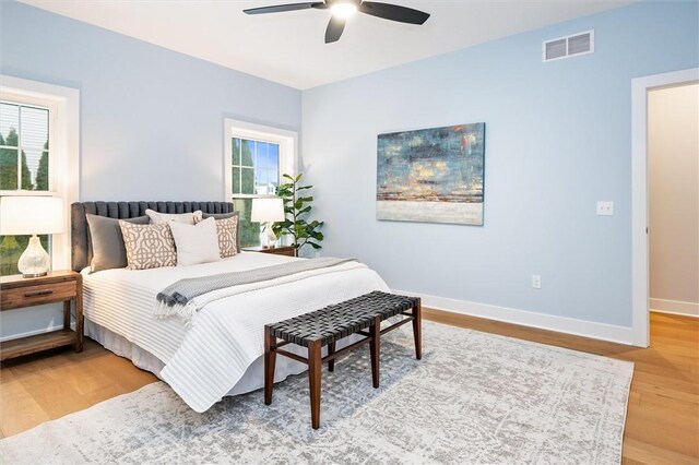 bedroom with ceiling fan and wood-type flooring