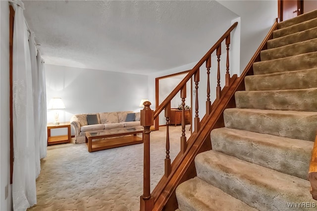 stairway with carpet flooring and a textured ceiling