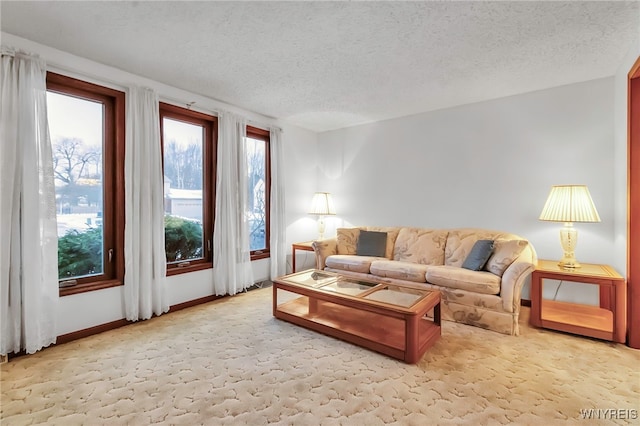 carpeted living room featuring a textured ceiling