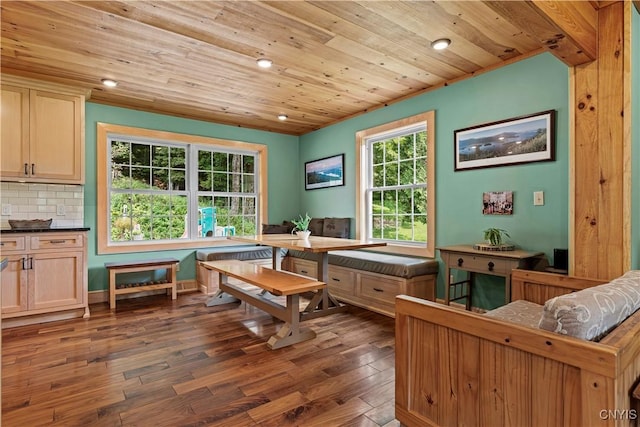 recreation room with dark wood-type flooring and wooden ceiling