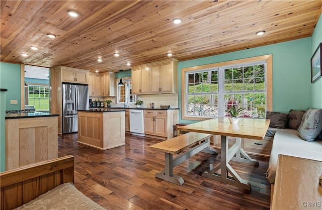 kitchen with stainless steel refrigerator with ice dispenser, wooden ceiling, dishwasher, and pendant lighting