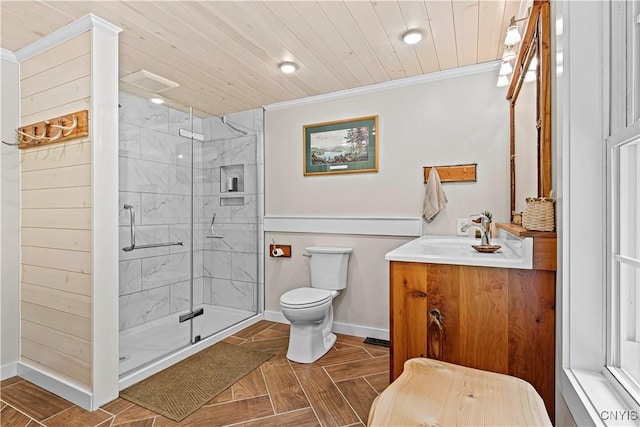 bathroom with vanity, an enclosed shower, wood ceiling, toilet, and crown molding