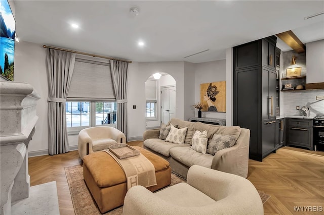 living room with light parquet floors