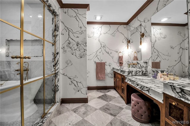 bathroom with vanity, crown molding, and walk in shower