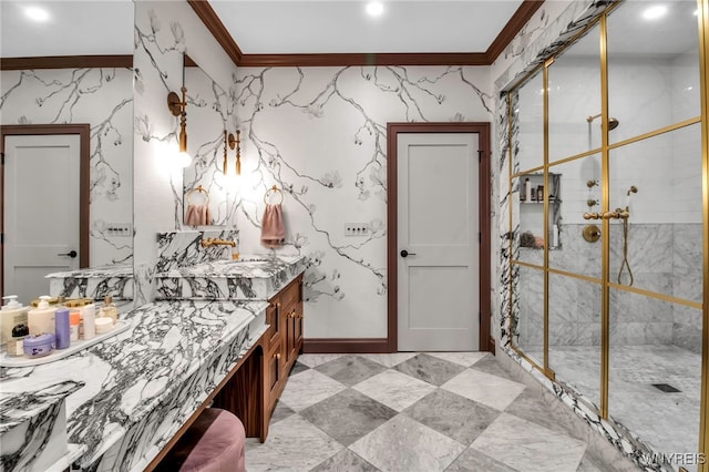 bathroom featuring ornamental molding, vanity, and walk in shower