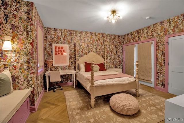 bedroom featuring parquet flooring