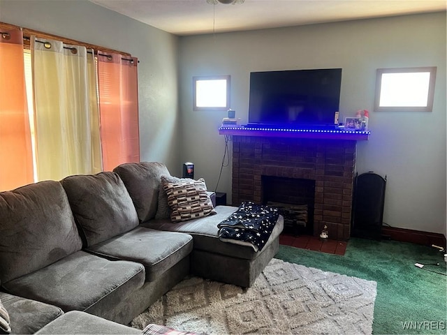 living room featuring a fireplace and carpet flooring