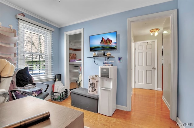 office space featuring ornamental molding and light hardwood / wood-style floors