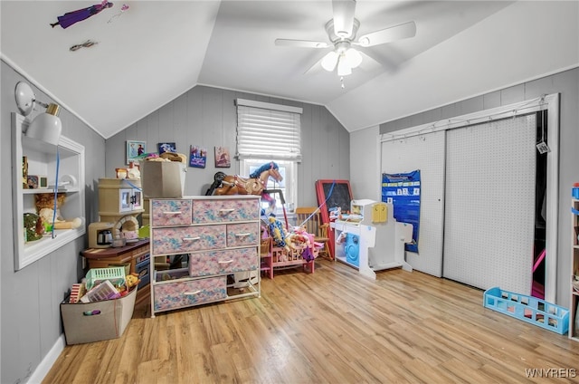 interior space with ceiling fan