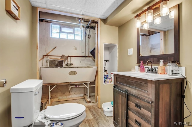 bathroom featuring vanity, toilet, wood-type flooring, and a drop ceiling