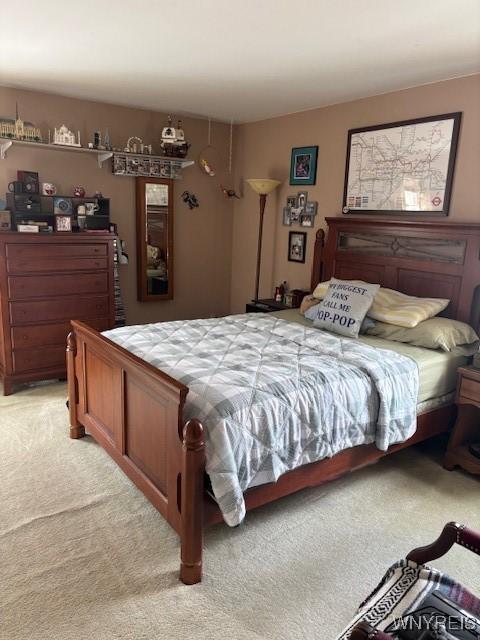 bedroom featuring light carpet