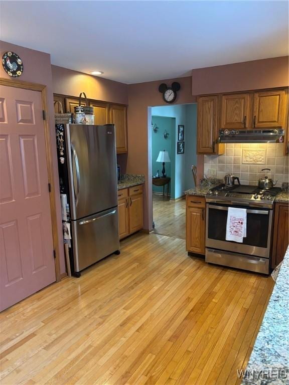 kitchen with brown cabinetry, tasteful backsplash, appliances with stainless steel finishes, under cabinet range hood, and light wood finished floors