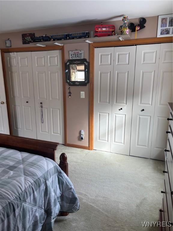 bedroom featuring carpet and multiple closets