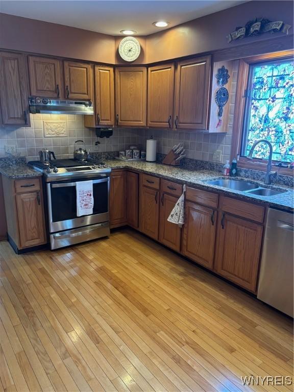 kitchen with light wood-style floors, under cabinet range hood, a sink, and stainless steel appliances