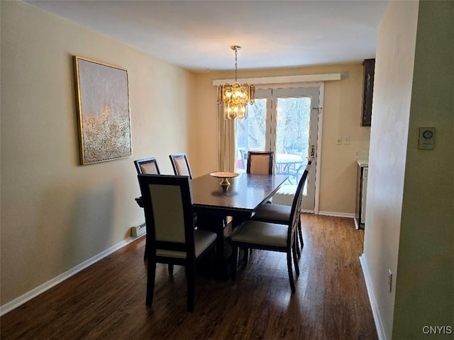 dining space featuring dark hardwood / wood-style floors and a notable chandelier