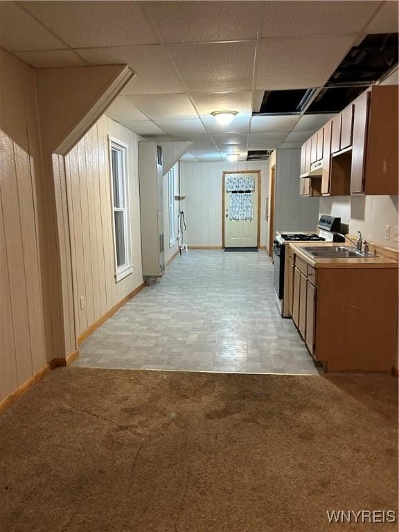 kitchen with range with gas stovetop, light carpet, a sink, and wooden walls