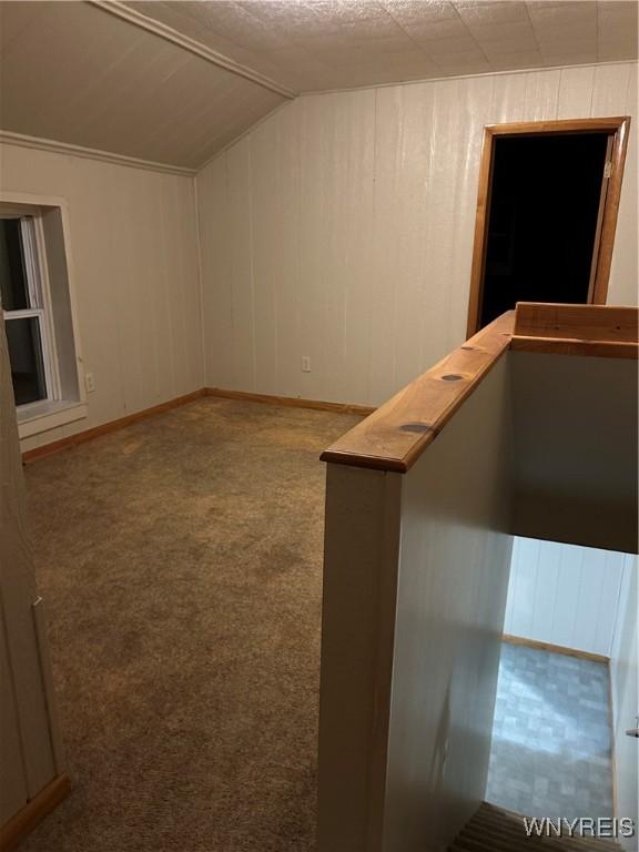 additional living space featuring carpet floors, wooden walls, baseboards, and vaulted ceiling