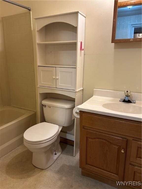 bathroom featuring toilet, shower / bathtub combination, and vanity