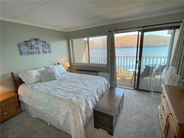 carpeted bedroom featuring crown molding, access to outside, and a water view