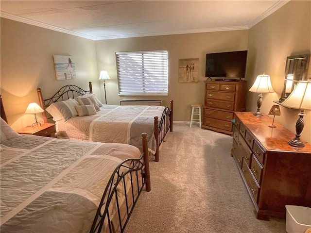 bedroom with crown molding and light colored carpet