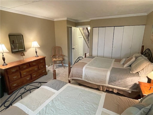 carpeted bedroom featuring ornamental molding