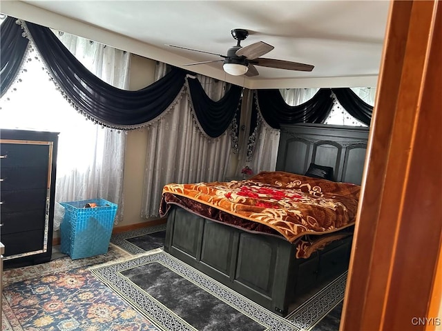 bedroom featuring ceiling fan and multiple windows