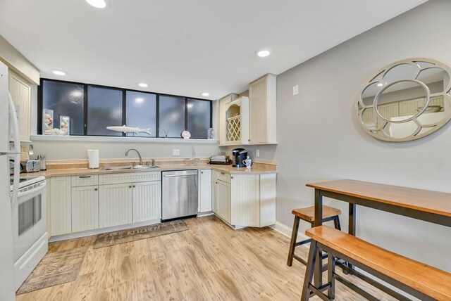 7 Cliffside Dr, South Bristol, NY 14424 - kitchen featuring sink, light hardwood / wood-style flooring, electric range, stainless steel dishwasher, and white cabinets