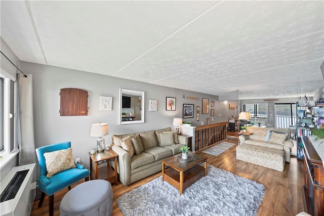 living room featuring dark wood-type flooring