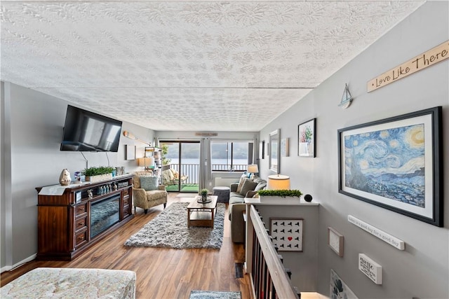 living room featuring hardwood / wood-style floors and a textured ceiling